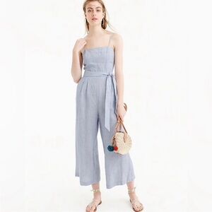 J. Crew Women's Blue and White Stripe 100% Linen Wide Leg Belted Jumpsuit Size 6